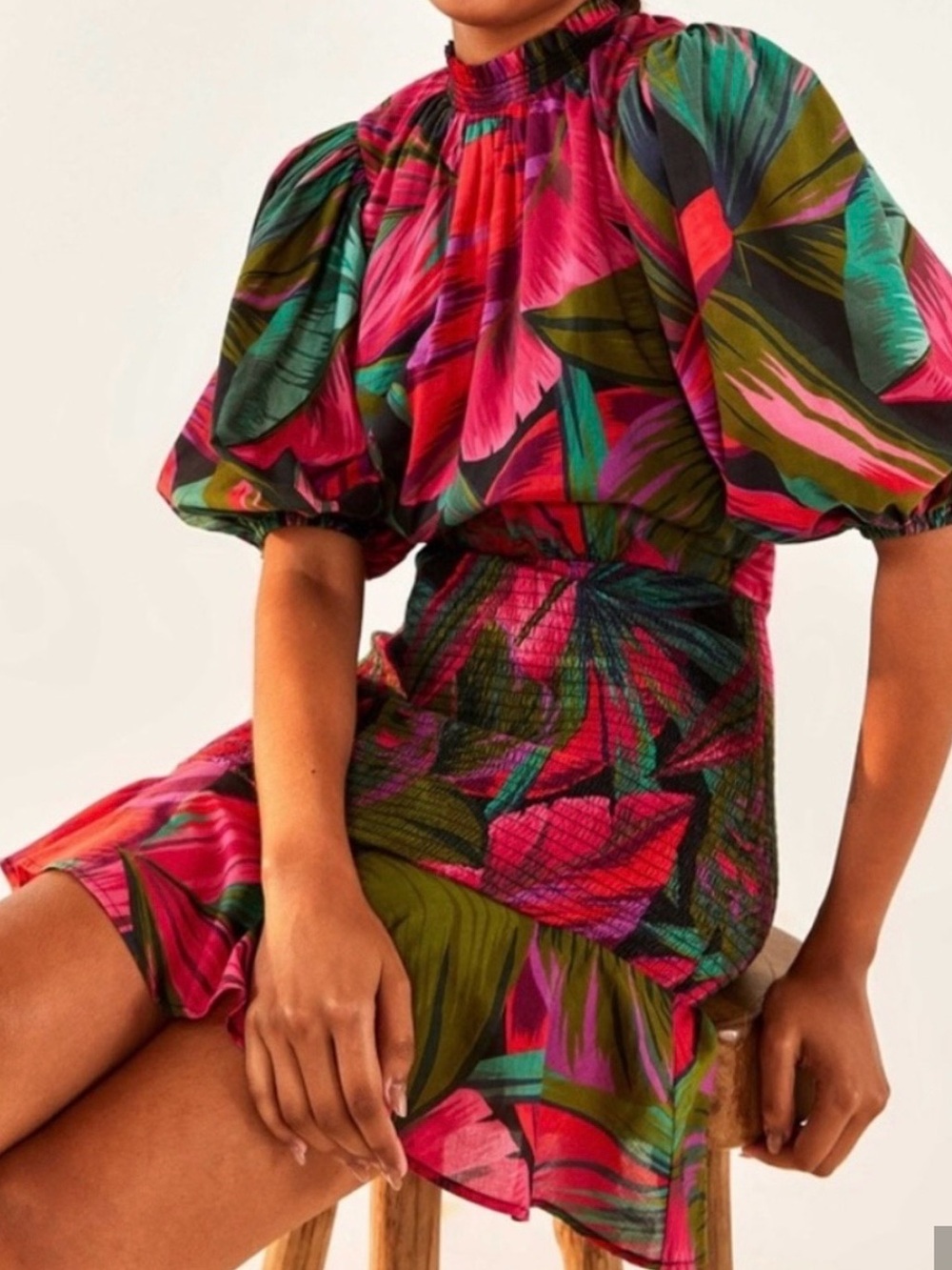 FARM Rio Midnight Leaves Tropical Pink & Green Puff-Sleeve Mini Dress